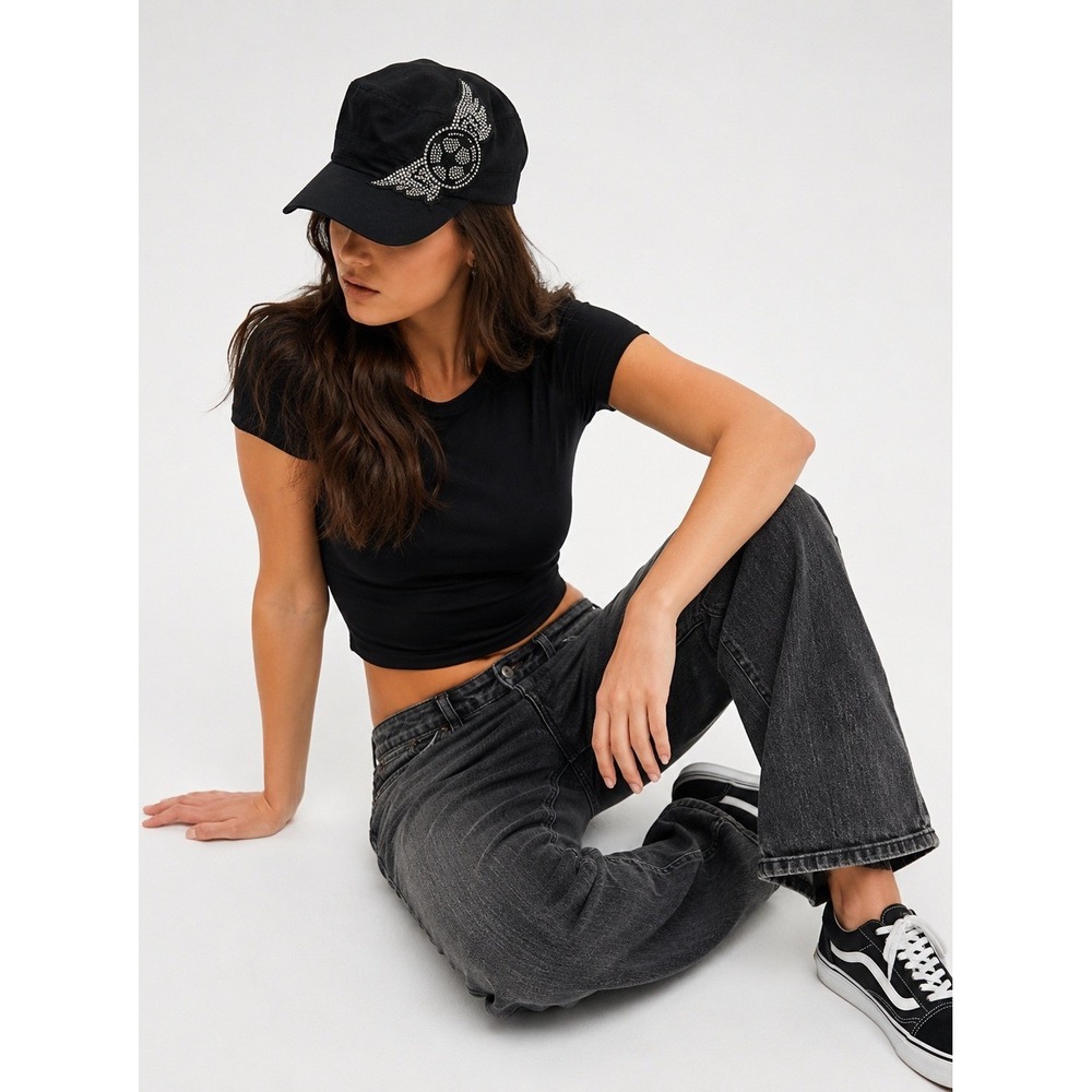 Black Rhinestone Soccer Wings Flat Top Cap Womens One Size Adjustable Hat